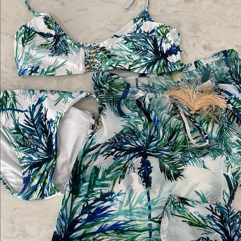PilyQ 3 piece bikini set top bottom sheer cover up tropical leaf swimwear sz S - Picture 3 of 17
